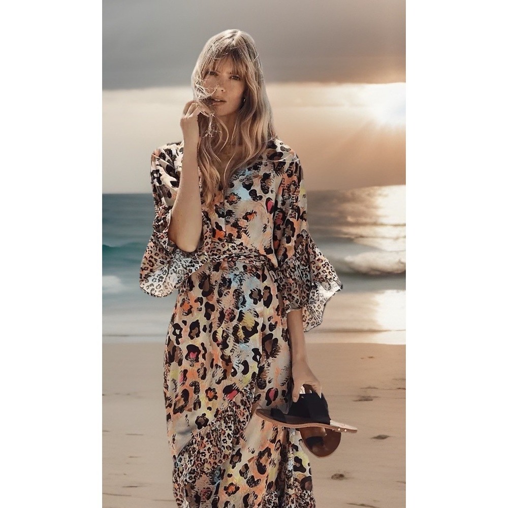 Anthropologie x BI-nk  Zadie Leopard Maxi Dress Size XS Rainbow Ruffle